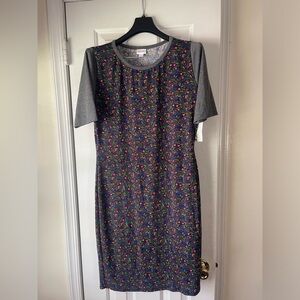 NWT Lularoe Julia Dress Sz L Blue Gray Red Floral Fitted